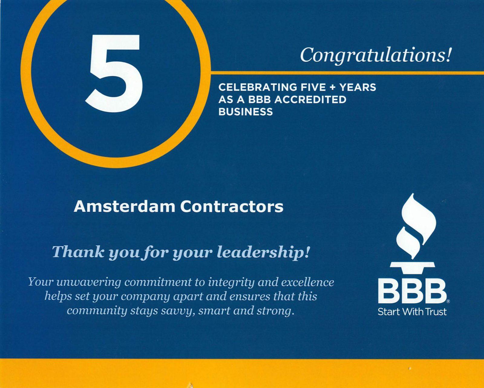BBB 5 Year Certificate Amsterdam Contractors