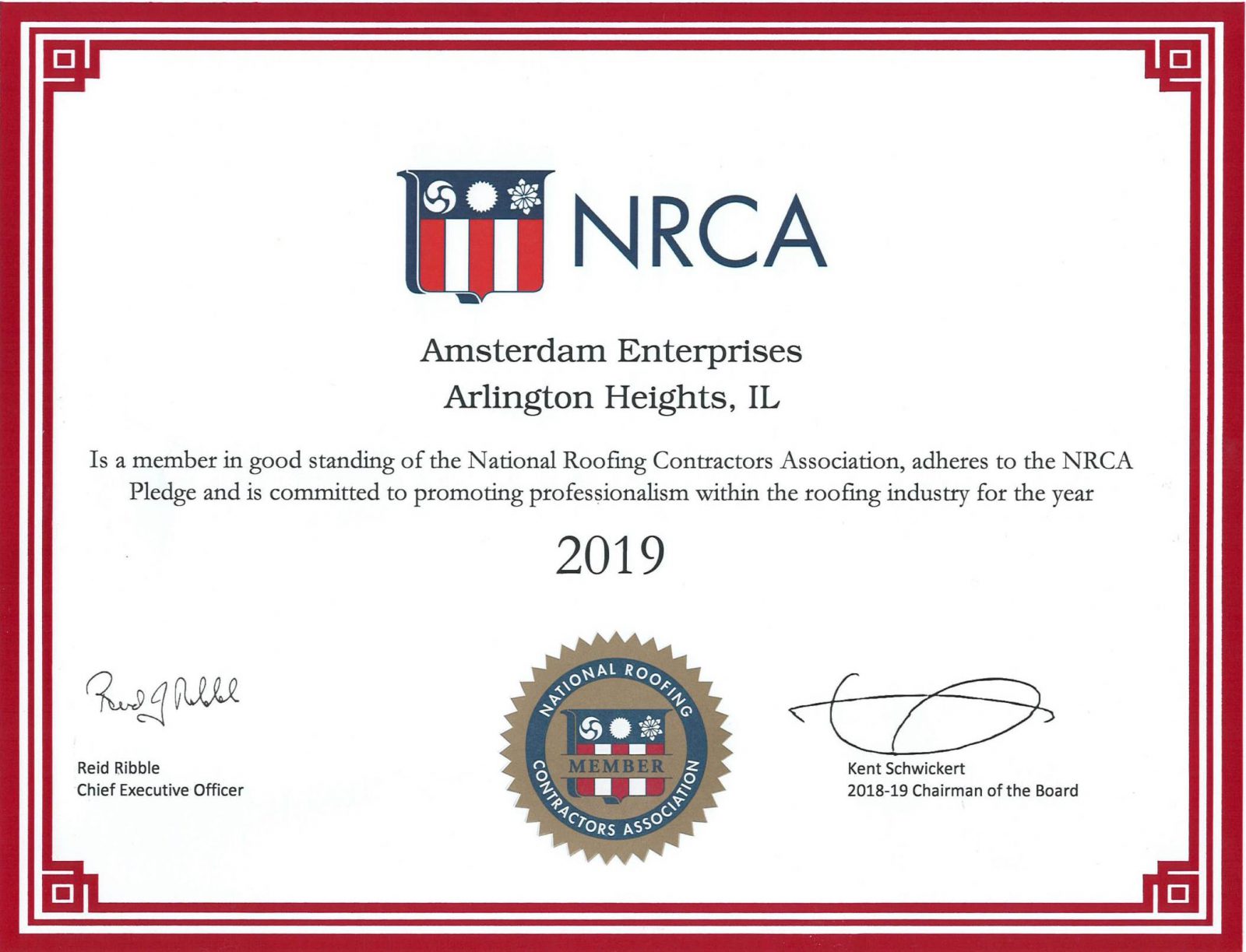 NRCA National Roofing Contractors Association Certificate