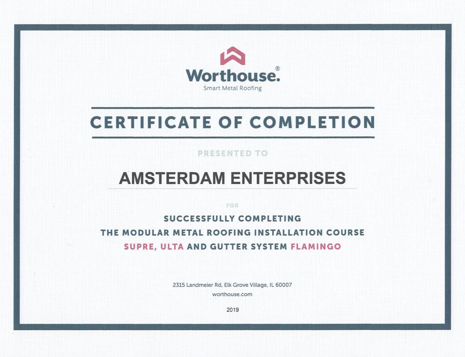 Worthouse Certificate of Completion Chicago