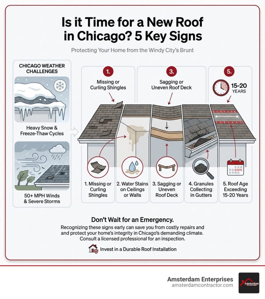 Infographic showing 5 key signs your roof needs replacement: 1) Missing or curling shingles 2) Water stains on ceilings or walls 3) Sagging or uneven roof deck 4) Granules collecting in gutters 5) Roof age exceeding 15-20 years, with images of Chicago weather conditions including snow accumulation and wind damage - roof installation Chicago infographic