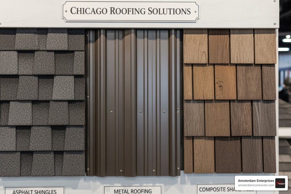 Various roofing materials like asphalt shingles, metal, and composite shake - roof installation Chicago