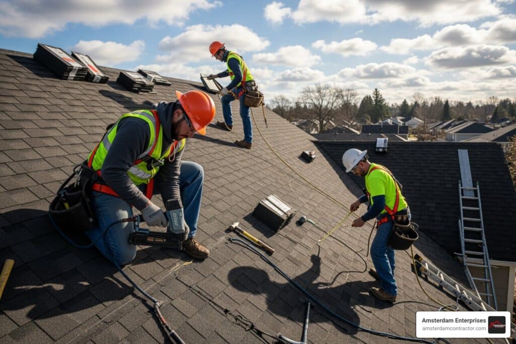 Professional roofing crew working safely on a roof - roof installation Chicago