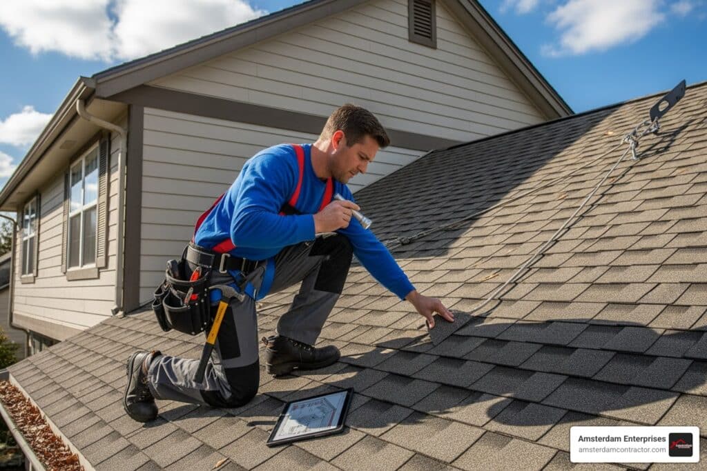 professional roofer inspecting residential roof - roofer services near me