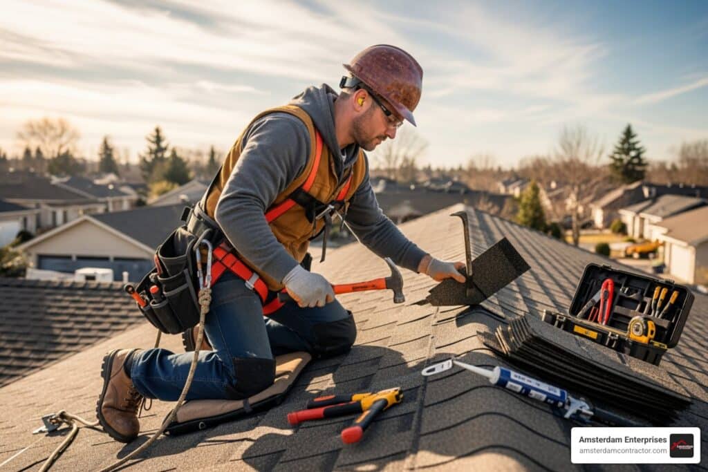a roofer safely working on a residential roof repair - roofer services near me