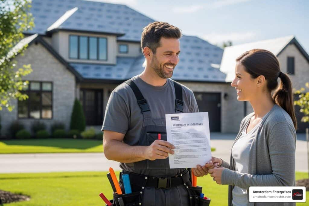 a roofing contractor showing a homeowner a certificate of insurance - roofer services near me