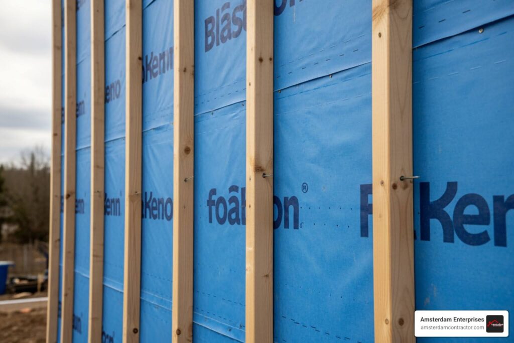 wall prepared with house wrap and furring strips - Metal siding installation