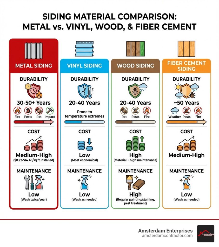 infographic comparing metal siding to vinyl, wood, and fiber cement - Metal siding installation infographic