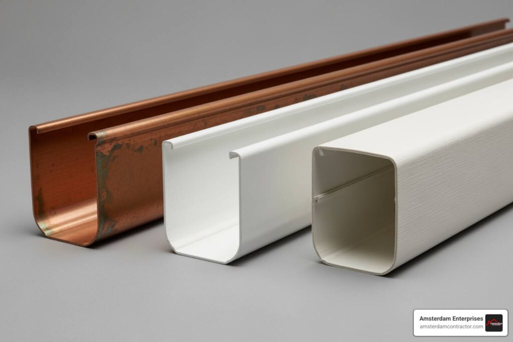 variety of gutter materials like copper, aluminum, and vinyl - gutter contractors in my area
