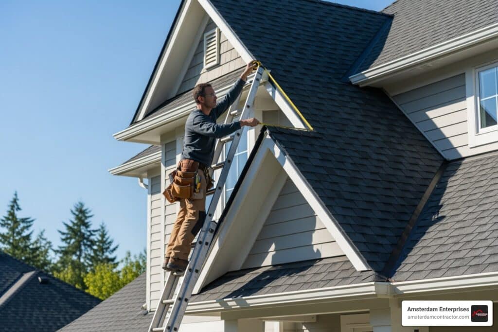 a roofing contractor measuring the verge of a roof - dry verge installation cost