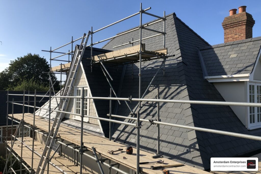 a steep-pitched roof requiring scaffolding - dry verge installation cost