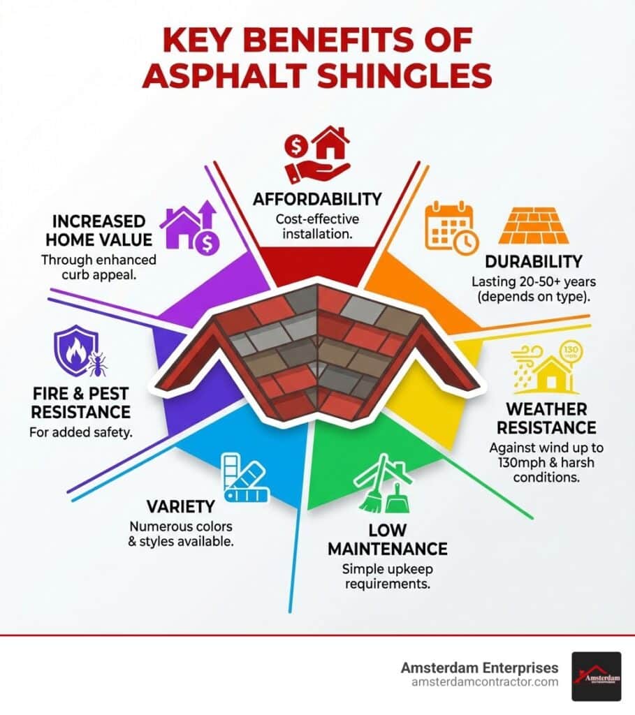 Infographic showing the key benefits of asphalt shingles: Affordability with cost-effective installation, Durability lasting 20-50+ years depending on type, Weather Resistance against wind up to 130mph and harsh conditions, Low Maintenance with simple upkeep requirements, Variety with numerous colors and styles available, Fire and Pest Resistance for added safety, and Increased Home Value through enhanced curb appeal - glenview asphalt shingles roofing company infographic