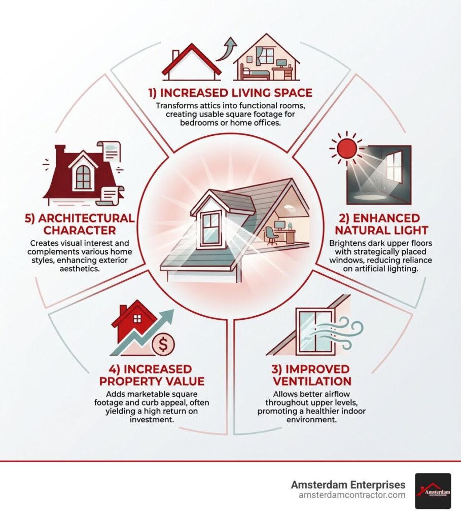 Infographic showing the top 5 benefits of dormer window installation: 1) Increased Living Space - transforms attics into functional rooms, 2) Enhanced Natural Light - brightens dark upper floors with strategically placed windows, 3) Improved Ventilation - allows better airflow throughout upper levels, 4) Increased Property Value - adds marketable square footage and curb appeal, 5) Architectural Character - creates visual interest and complements various home styles from Cape Cod to Victorian - dormer window installation near me infographic