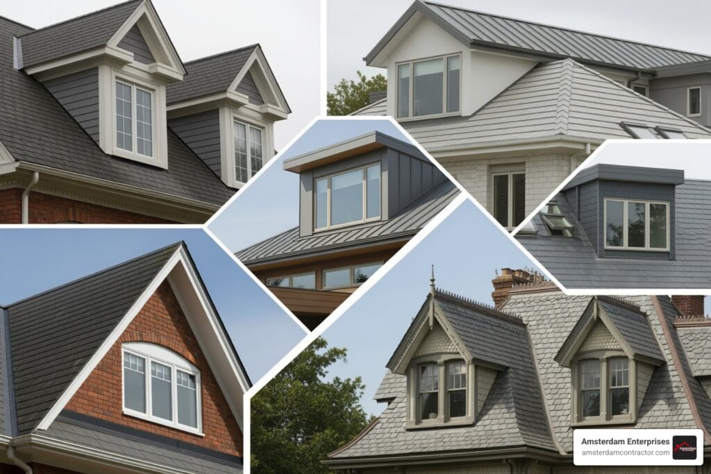 collage showcasing different dormer types - dormer window installation near me