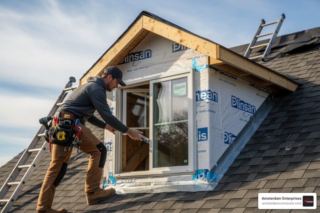 contractor carefully installing a dormer window into the new frame - dormer window installation near me