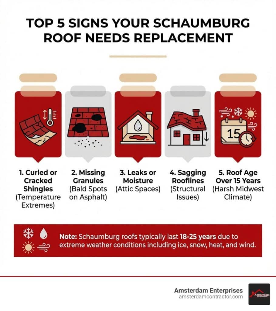 Infographic showing the top 5 signs your Schaumburg roof needs replacement: 1. Curled or cracked shingles from temperature extremes, 2. Missing granules creating bald spots on asphalt shingles, 3. Leaks or moisture intrusion in attic spaces, 4. Sagging rooflines indicating structural issues, 5. Roof age over 15 years in harsh Midwest climate. Includes icons for each sign and notes that Schaumburg roofs typically last 18-25 years due to extreme weather conditions including ice, snow, heat, and wind. - roof installation Schaumburg infographic