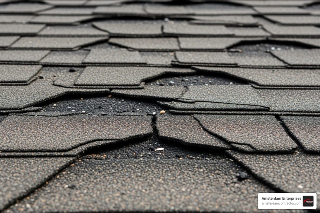 damaged shingles with curling edges and missing granules - roof installation Schaumburg